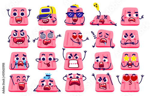 Face of jelly character in diffetent emotions. Facial expression flat vector illustration