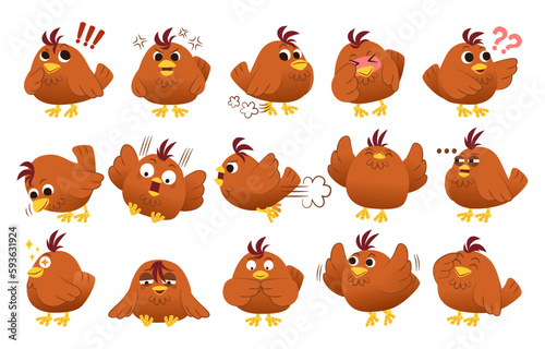 Bird and chicken character in diffetent animal emotions. Facial expression flat vector illustration