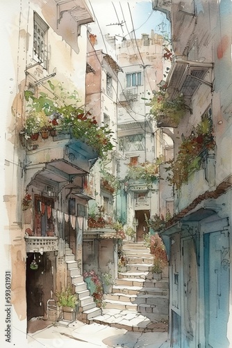 Light watercolor ilustrations of cities photo