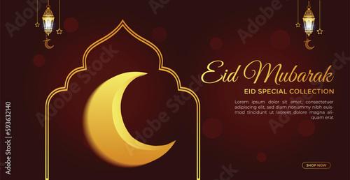 Eid Mubarak and Arabic calligraphy Islamic greeting card. For Ramadan, Raya Hari, Eid al Adha, and Mawlid. Half moon and crescent moon with Islamic Patterns and Decorative Ornament Frame Drawn mosque