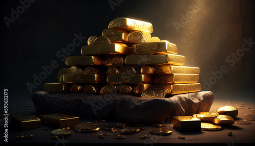 a lot of Gold bullion and gold coins. Golden is business Successful investor or entrepreneur. Gold investment, Financial concept. Generative AI illustration photo