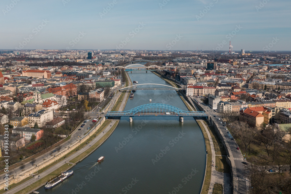 Cracow aerial view of Vistula and bridges