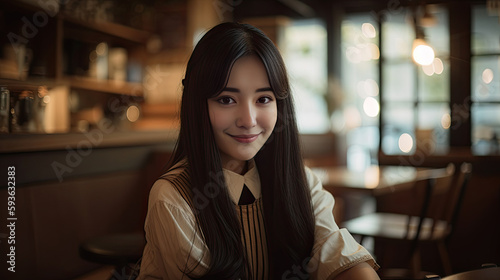 Beautiful asian businesswoman sitting in a coffee shop and smiling  Generative AI
