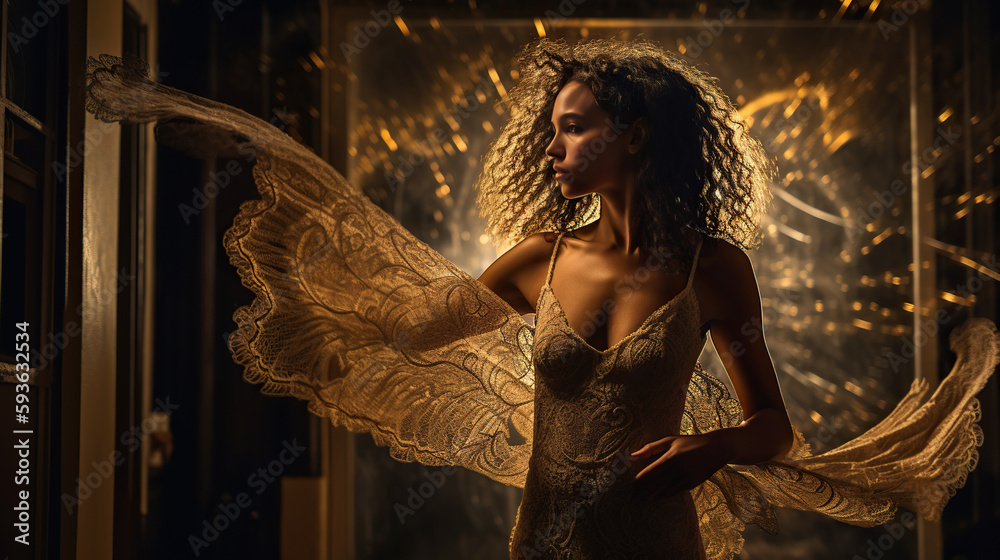 Fototapeta premium Beautiful girl in white dress with angel wings standing near the window, Generative AI