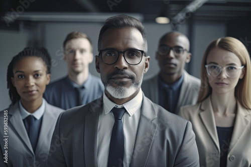 Portrait of confident African-American businessman in front of his team. Selective focus, Generative AI