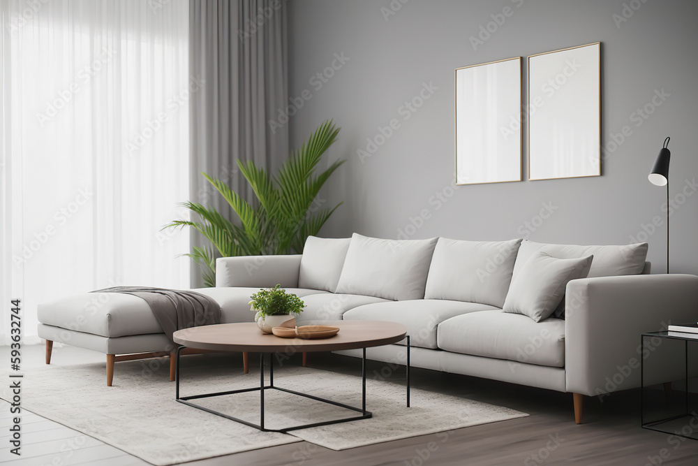 Generative AI image of interior of grey walled living room with comfortable sofa center table carpet curtains potted plant while window sunlight illuminating place Generative AI image of interior of grey walled living room with comfortable sofa center table carpet curtains potted plant while window sunlight illuminating place