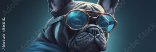 French bulldog with sunglasses on blue background