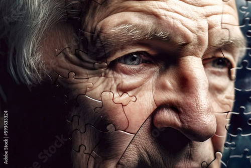 Generative AI illustration of aged man face in blue eyes and wrinkles looking away with puzzle details