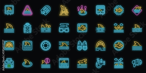 Beware the sharks icons set outline vector. Angry animal. Surf caution neon color on black