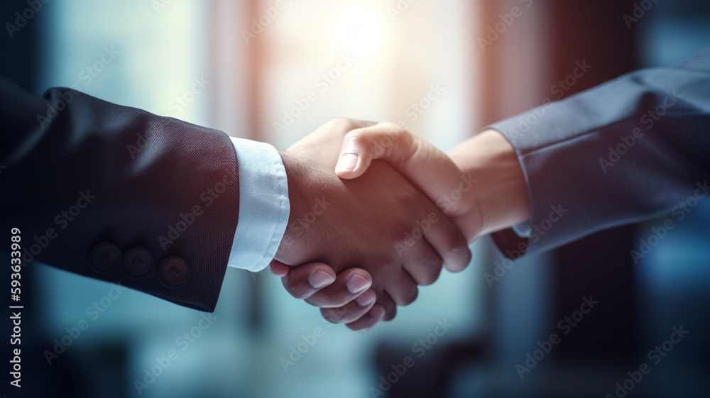 Two people shaking hands with one wearing a suit and the other wearing a white shirt. Two people shaking hands with one wearing a suit and the other wearing a white shirt.