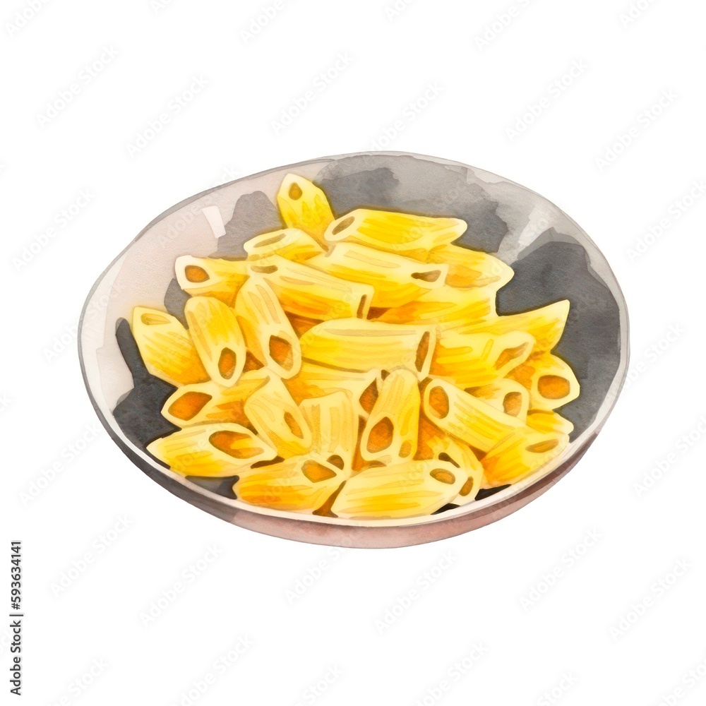 Watercolor illustration of a pasta on white background. Aquarelle drawing of a plate with macaroni. Generative AI.