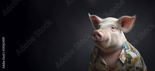 A white pig posing in a Hawaiian shirt  in the style of conceptual portraiture with a dark background. Generative AI