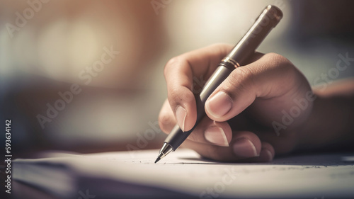 A person writing on a piece of paper with a pen.