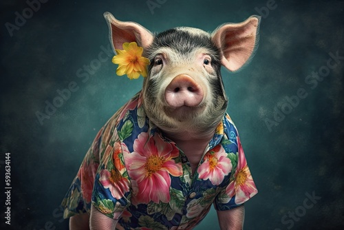 Pig wearing a flower print shirt, in the style of photorealistic portraits, tropical symbolism with a dark background. Generative AI