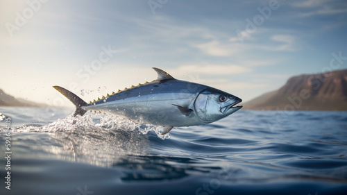 A bluefin tuna jumping out of the water