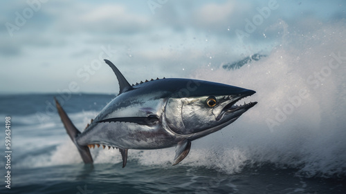 A bluefin tuna jumping out of the water