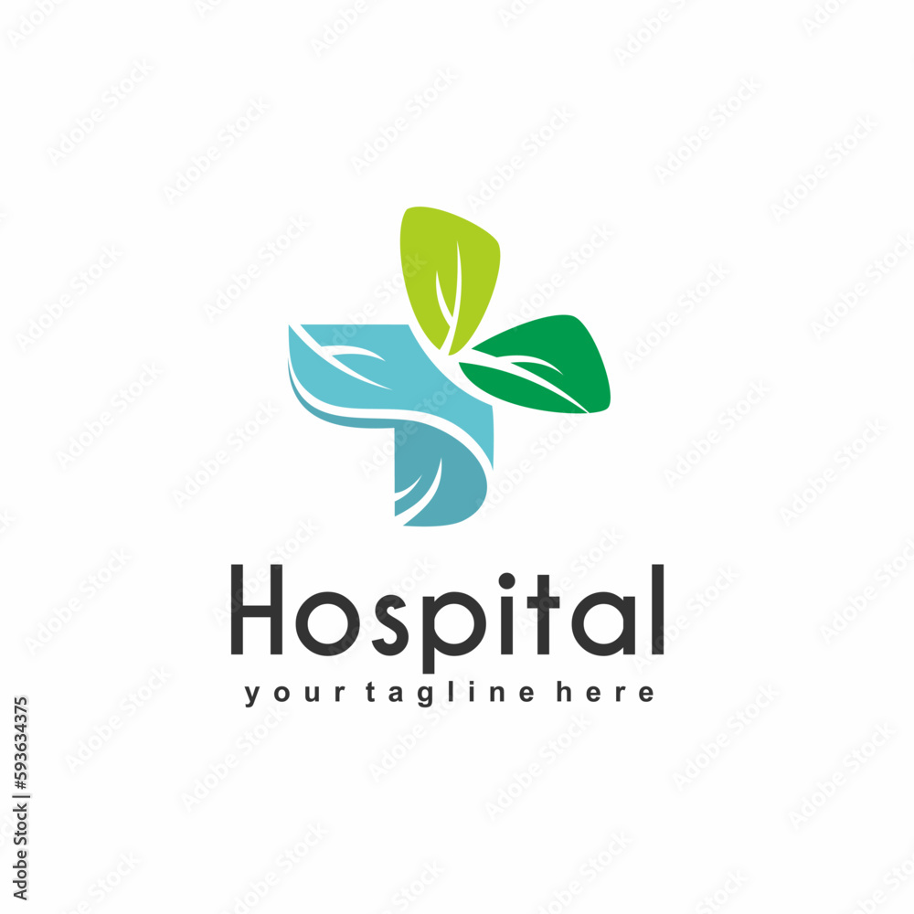 Naklejka premium health logo design for hospital, clinic, pharmacy, or health products and business company, with decorative cross shape and leaf shape on top, light blue and soft
