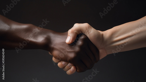 Two hands shaking with one of the hands of a black person.