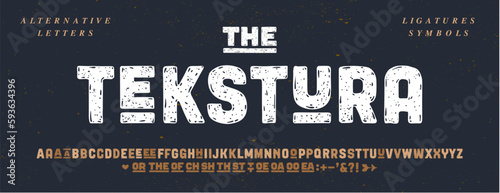 Headline alphabet, font. Bold aged, rough fat uppercase letters with grunge texture. Creative hand-drawn textured font, alphabet, design, poster. Grunge scratches alphabet, font. Vector Illustration