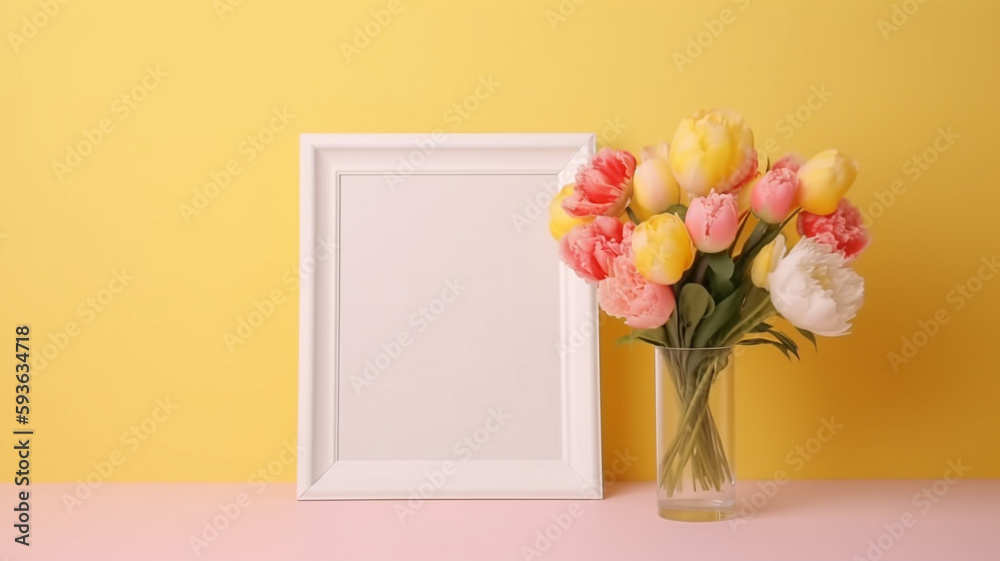 Fototapeta premium White frame with a flower on a yellow background