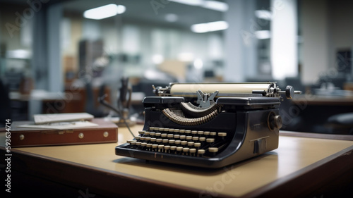 A black typewriter sits on a desk in an office.
