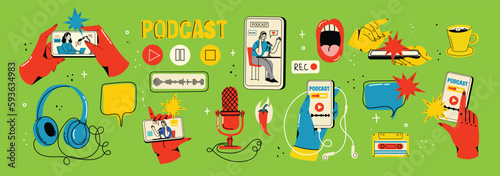 Podcast recording and listening, broadcasting, online radio, audio streaming service concept. Hand drawn vector isolated illustrations of headphones, microphone, laptop, equalizer, speech bubbles.