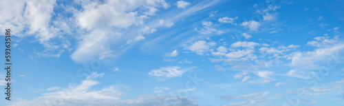 wide blue sky background with cirrus and fleecy clouds, panorama format