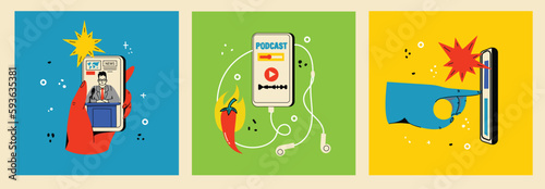 Podcast recording and listening, broadcasting, online radio, audio streaming service concept. Hand drawn vector isolated illustrations of headphones, microphone, laptop, equalizer, speech bubbles.