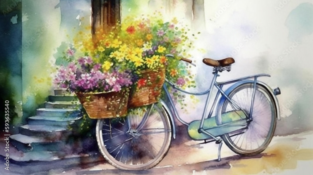 A painting of a bicycle with a basket of flowers on it.
