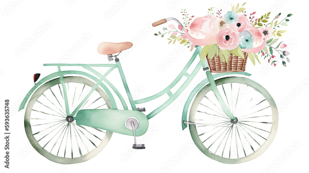 A watercolor illustration of a bicycle with a basket full of flowers.