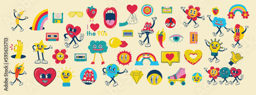70's groovy illustrations for the posters, cards or stickers with hippie cute colorful funky character concepts of crazy geometric, dripping emoticon. Only good vibes sentence