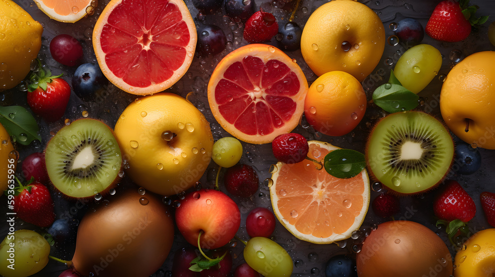 mixture of fresh fruits with water bubbles soda cider generative ai