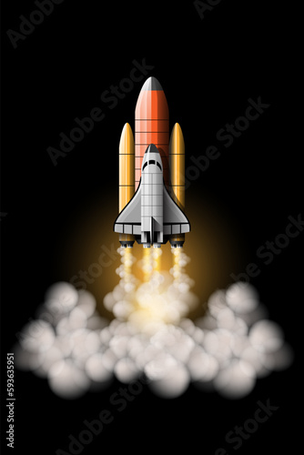 Rockets are launched to take spacecraft to outer space Vector illustration in 3D style