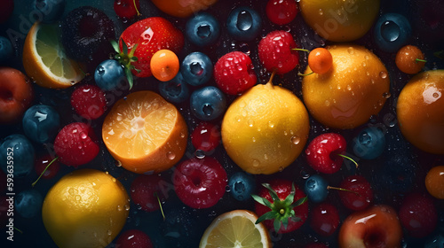 mixture of fresh fruits with water bubbles soda cider generative ai