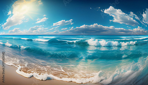 Beautiful panoramic sea scape with surf waves. Beautiful sea. Ai generated image