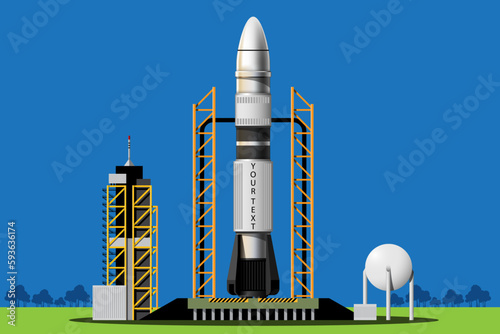 Rockets are launched  from station to outer space. Vector illustration in 3D style