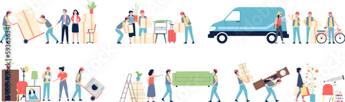 People moving in new home. Couple with boxes, buying apartments and relocation process. Furniture container and logistic, recent vector scenes