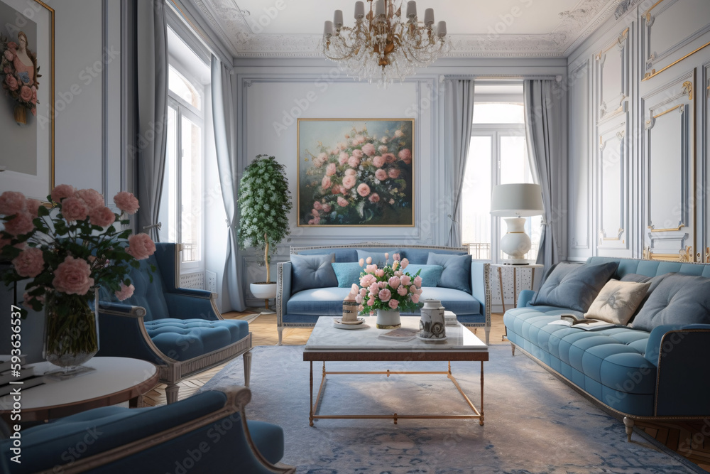 A Modern Neoclassical Living Room with Blue Hues, Pink Flowers, Nostalgic Atmosphere, and Classic Charm,Generative AI A Modern Neoclassical Living Room with Blue Hues, Pink Flowers, Nostalgic Atmosphere, and Classic Charm,Generative AI