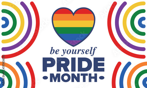LGBT Pride Month in June. Lesbian Gay Bisexual Transgender. Celebrated annual. LGBT flag. Rainbow love concept. Human rights and tolerance. Poster, card, banner and background. Vector illustration