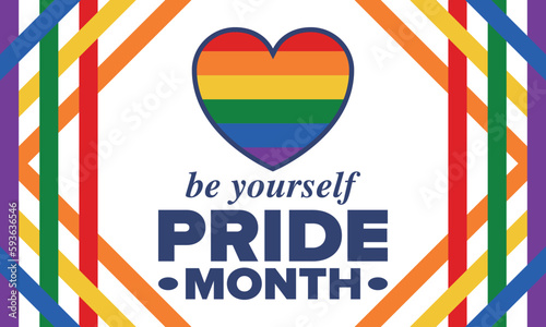 LGBT Pride Month in June. Lesbian Gay Bisexual Transgender. Celebrated annual. LGBT flag. Rainbow love concept. Human rights and tolerance. Poster, card, banner and background. Vector illustration