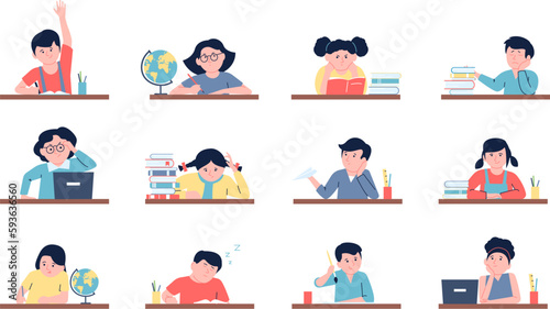 Children study and sitting at desk. Unmotivated girl, kid learning lesson with computer. Child students studying, reading and writing recent vector set