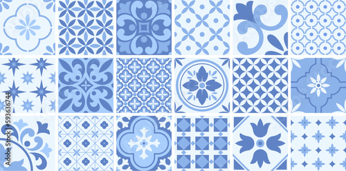 Modern portuguese tiles, floral kitchen mosaic patterns for decor walls or floor. Tiling decorations, ceramic moroccan, spanish racy vector elements photo