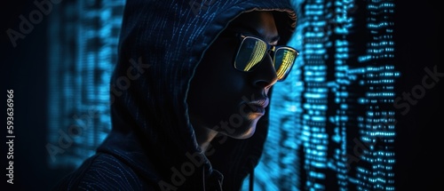Hacker in a sunglasses on blue digital background. Concept of cyber security and attack. Internet hacking. Concept - a member of a hacker group. Geek in a dark room. Concept - computer geek. Generativ