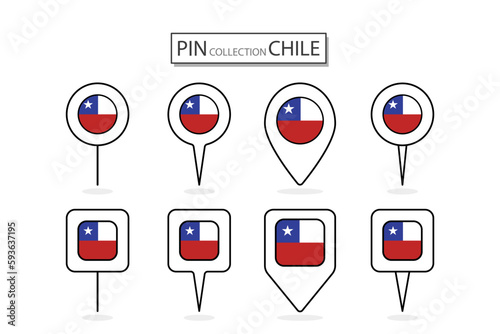 Set of flat pin Chile flag icon in diverse shapes flat pin icon Illustration Design.