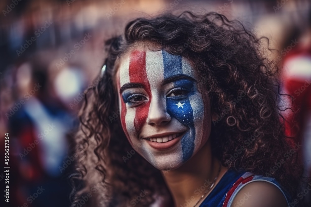 Joyful fan girl in the colors of the U.S in a crowd of fans. Flag of USA on his face. Generative ai Joyful fan girl in the colors of the U.S in a crowd of fans. Flag of USA on his face. Generative ai