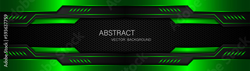 Abstract black and green polygon with green glow lines on dark steel mesh background with free space for design. modern technology innovation concept background
