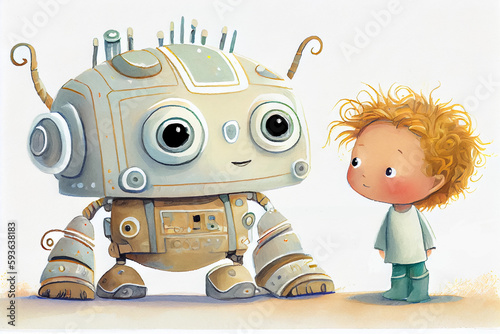 Cartoon little boy and friendly robot. Illustration for children's book. Generative AI photo