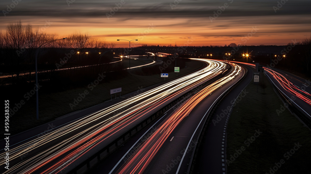Long exposure photo of traffic on the move at dusk on the M40 motorway in England, generative ai