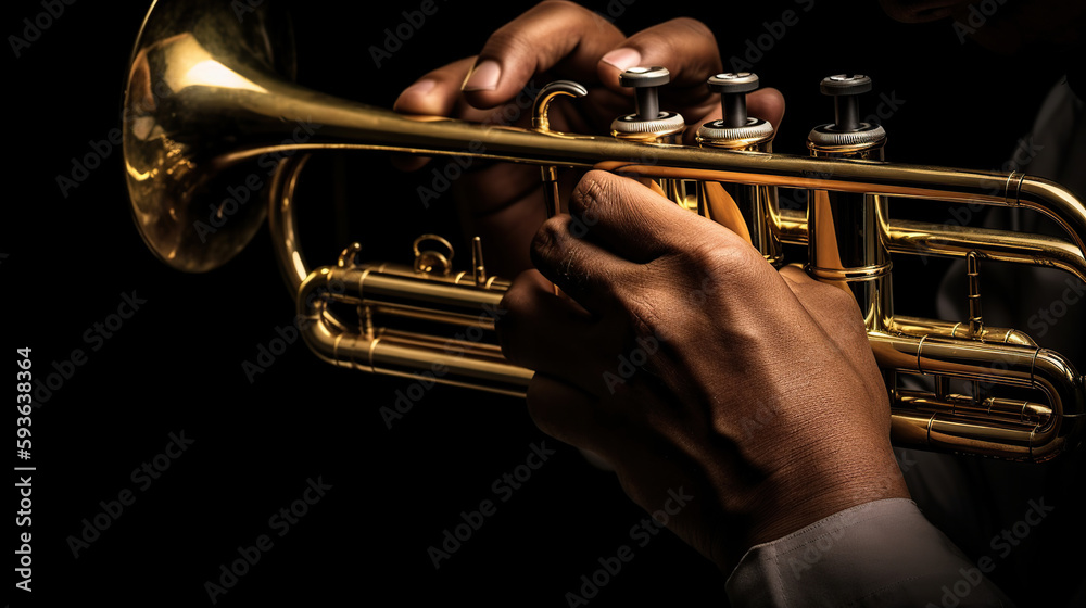 Obraz premium Trumpet instrument. Music player trumpeter jazz playing. Brass instrument cornet hands, generative ai