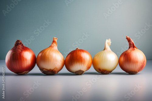 tasty and healthy types of onions, isolated on a light blue background, created with generative ai photo